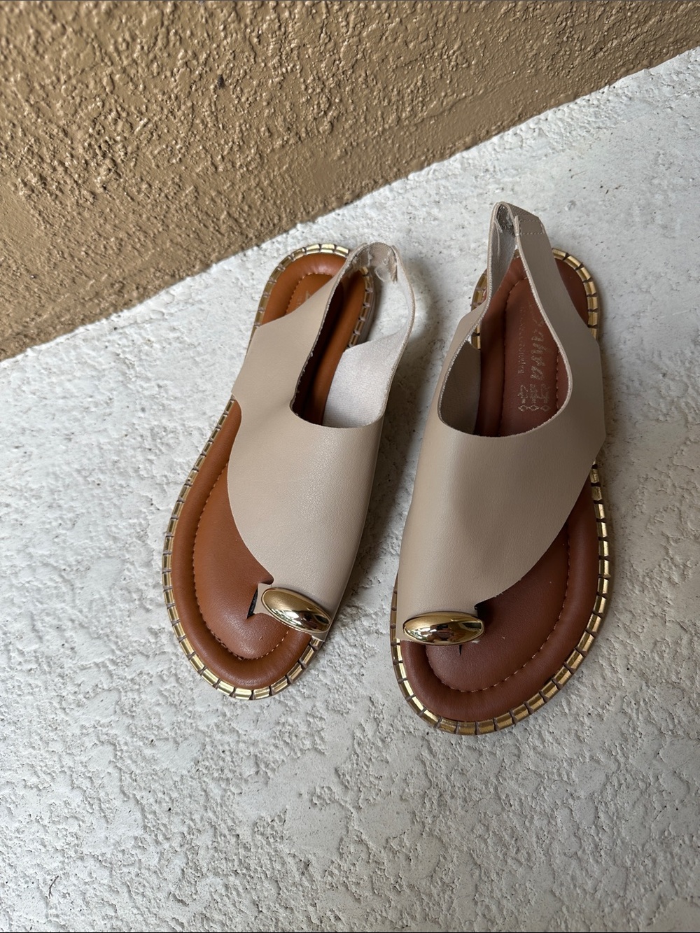 Lulu's Beige Slingback Sandals with Gold Toe Accent